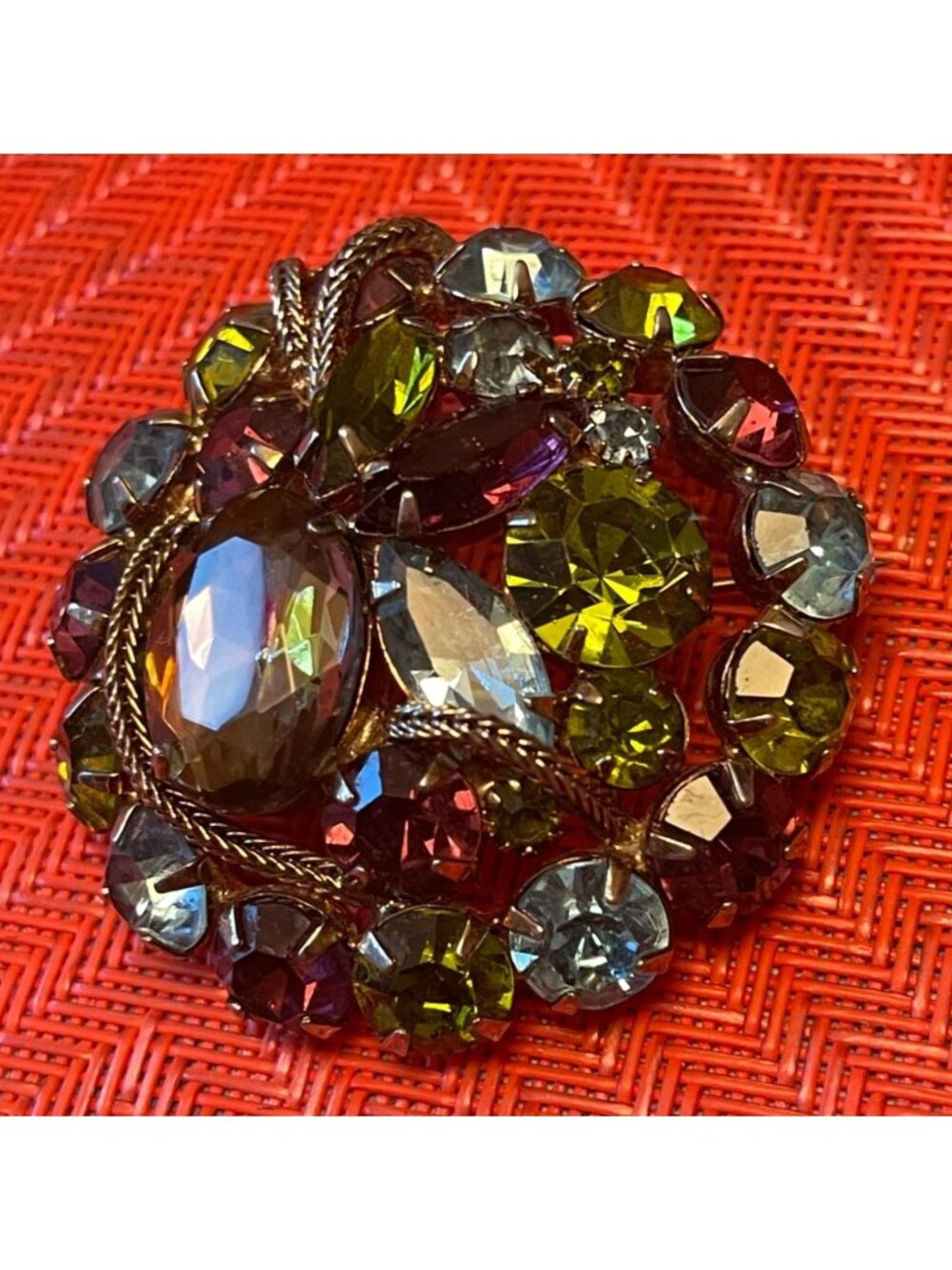 Vtg D&E Juliana Multicolor Watermelon Glass Brooch With Gold-Tone Rope Accents F